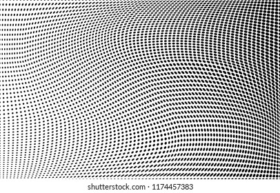 Polka dot halftone pattern. Gradient dots background. Modern vector illustration. Abstract wave curves. Points backdrop. Dotted spotted pattern. Monochrome wavy grunge template