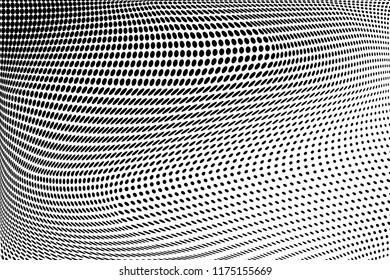 Polka dot halftone pattern. Gradient dots background. Futuristic vector illustration. Abstract wave curves. Points backdrop. Dotted spotted pattern. Monochrome wavy grunge template