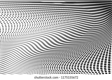 Polka dot halftone pattern. Gradient dots background. Futuristic vector illustration. Abstract wave curves. Points backdrop. Dotted spotted pattern. Monochrome wavy grunge template