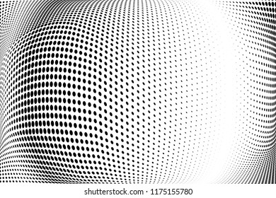 Polka dot halftone pattern. Gradient dots background. Futuristic vector illustration. Abstract wave curves. Points backdrop. Dotted spotted pattern. Monochrome wavy grunge template