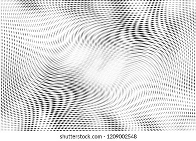Polka dot halftone pattern. Gradient dots background. Modern spotted vector illustration. Abstract wave curves. Points backdrop. Dotted geometric pattern. Monochrome wavy grunge template