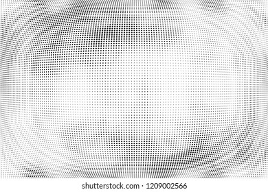 Polka dot halftone pattern. Gradient dots background. Modern spotted vector illustration. Abstract wave curves. Points backdrop. Dotted geometric pattern. Monochrome wavy grunge template