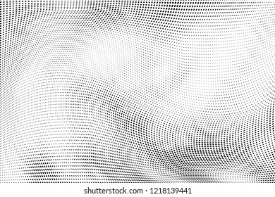 Polka dot halftone pattern. Gradient dots background. Modern spotted vector illustration.Abstract wave curves. Points backdrop.Dotted geometric pattern. Monochrome black and white wavy grunge template