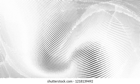 Polka dot halftone pattern. Gradient dots background. Modern spotted vector illustration.Abstract wave curves. Points backdrop.Dotted geometric pattern. Monochrome black and white wavy grunge template