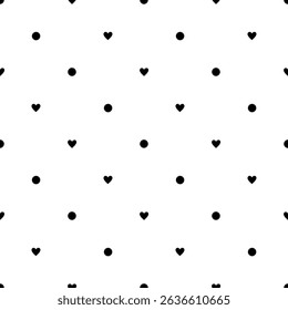 Polka dot and heart, black and white seamless pattern hand drawn vector illustration, decorative texture of round circles and little hearts, simple minimalist repeat ornament for textile, gift paper