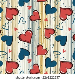 Polka dot hearts pattern on retro vertical colored lines