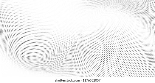 Polka dot light halftone pattern. Gradient dots background. Modern vector illustration. Abstract curves. Points backdrop. Dotted spotted pattern. Monochrome wide grunge template