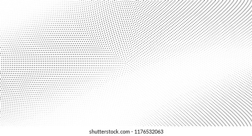 Polka dot light halftone pattern. Gradient dots background. Modern vector illustration. Abstract curves. Points backdrop. Dotted spotted pattern. Monochrome wide grunge template