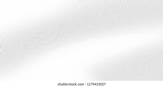 Polka dot light halftone pattern. Gradient dots background. Futuristic vector illustration. Abstract curves. Points backdrop. Dotted spotted pattern. Monochrome wide grunge template