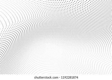 Polka dot light halftone pattern. Gradient dots background. Modern vector illustration. Abstract curves. Points backdrop. Dotted spotted pattern. Monochrome wide grunge template