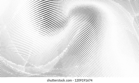 Polka dot light halftone pattern. Gradient dots background. Modern spotted black and white vector illustration. Abstract curves. Dotted soft lines pattern. Monochrome wide grunge template