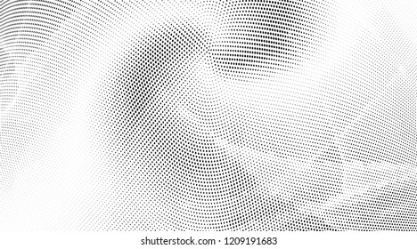 Polka dot light halftone pattern. Gradient dots background. Modern spotted black and white vector illustration. Abstract curves. Dotted soft lines pattern. Monochrome wide grunge template