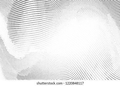 Polka dot light halftone pattern. Gradient dots background. Modern vector illustration. Abstract curves. Points backdrop. Dotted spotted pattern. Monochrome wide grunge template