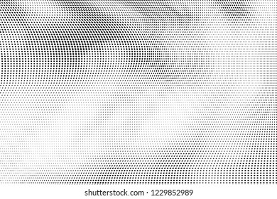 Polka dot light halftone pattern. Gradient dots background. Modern spotted black and white vector illustration. Abstract curves. Dotted soft lines pattern. Monochrome wide grunge template