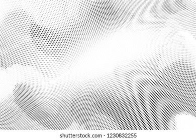 Polka dot light halftone pattern. Gradient dots background. Modern spotted black and white vector illustration. Abstract curves. Dotted soft lines pattern