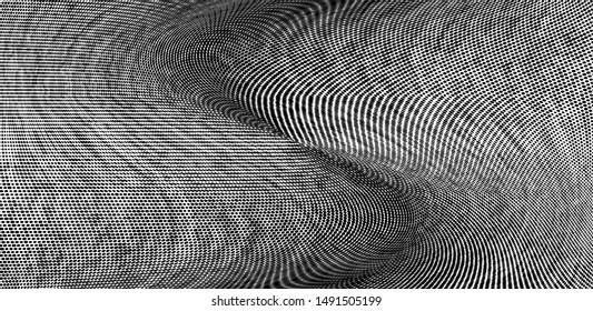 Polka dot light halftone pattern. Gradient dots background. Modern spotted black and white wide vector illustration. Abstract curves. Dotted soft lines pattern