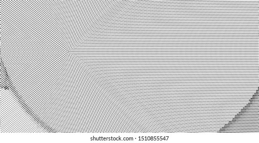 Polka dot light halftone pattern. Gradient dots background. Modern spotted black and white wide vector illustration. Abstract curves. Dotted soft lines pattern