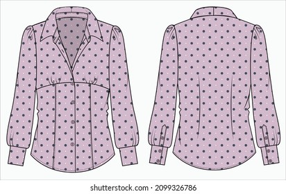 Polka dot Long puff sleeves woven top with gathers at empire line for women office wear in editable vector file