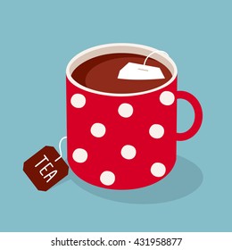 Polka dot mug of black tea with tea bag. Vector illustration.