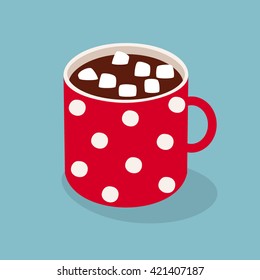 Polka dot mug of cocoa with marshmallow. Vector illustration.