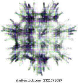 Polka dot ornament in halftone dot effect style with CMYK glitch effect. An optical blur (far-near) effect that shifts the CMYK spectrum. Highlighted the sector with lightening.