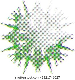 Polka-Dot-Ornament oder Mandala-Effekt mit CMYK-Glitch-Effekt in der Hälfte des Punktes. Optischer unscharfer Effekt, der das grün dominierte CMYK-Spektrum verschiebt. Auswahl des oberen rechten Sektors mit Aufleuchtung.