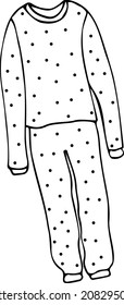 Polka dot pajamas, pants and a jacket. Home clothes, sleep clothes. Black and white vector illustration drawn by hand. Sketch, doodle, drawing.