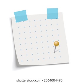 Polka dot paper note with two blue adhesive tapes and a yellow pushpin on a white background, realistic vector illustration with shadows, perfect for reminders or creative designs