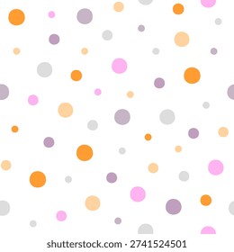 Polka dot pastel colored seamless pattern, decorative boho texture of round circles of different size in random order, simple minimalist repeat ornament for textile, gift paper, nursery decor