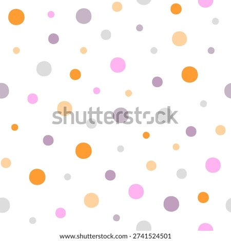 Polka dot pastel colored seamless pattern, decorative boho texture of round circles of different size in random order, simple minimalist repeat ornament for textile, gift paper, nursery decor
