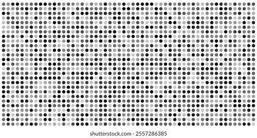 Polka dot pattern background. Gradient screen vector matrix. Seamless ai noise monochrome frame. Circle fade, color transform technology. Abstract gray point connect shape. Disappear digital raster