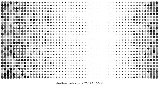 Plano de fundo do padrão Polka dot. Liquid meio tom sutil blob textura. Tipo de gradiente abstrato do vetor. bolha técnica quadrado disperse mosaico. O fluido da grade de pixels geométricos se degrada. Ruído de ar da matriz de tela cômica