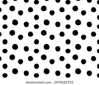 Polka dot pattern, black and white seamless background with hand-drawn spots, trendy design for printing on fabric