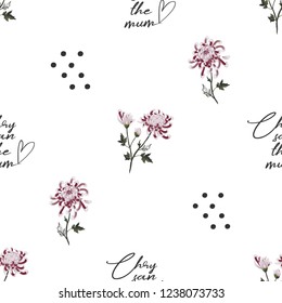 Polka dot pattern with chrysanthemum. Vector seamless background. Elegant traditional decoration on white backdrop. Pastel colored hand drawn illustration.