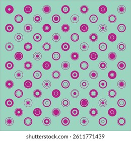 Polka dot pattern created by different size pink circles on a mint green background