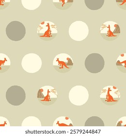 Polka dot pattern with cute kangaroo. Vector australian nature illustration. Textile print