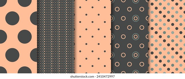 Polka Dot Pattern Peach Fuzz color vector seamless pattern collection. Trending color palette for 2024.