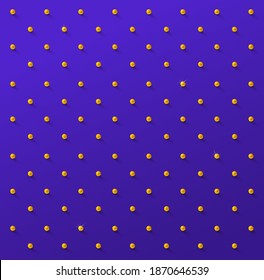 Polka dot pattern of realistic golden spheres with shadow. Gold polka dots pattern, colorful holiday abstract background. Vector illustration. Isolated on violet background.