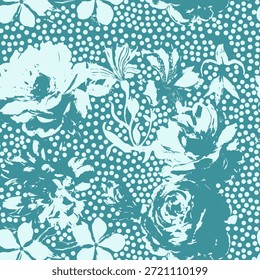Patrón de lunares con rosas y flores de peonía. Rosas orientales y flores peonía en un arreglo circular, creando un patrón de Vector sin costuras para telas de moda y todo tipo de estampados.