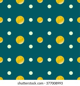 Polka dot pattern seamless.gold circles with dark spots and light little circles on dark background.Cute textures for decoration paper.Modern hipster background with different circle shapes.vector