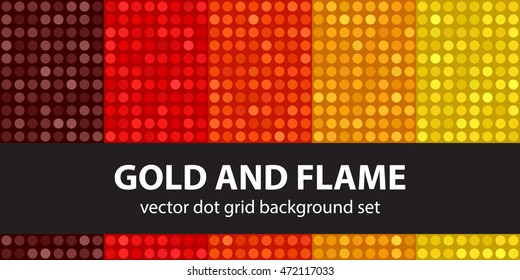 Polka dot pattern set "Gold and Flame". Vector seamless geometric dot backgrounds