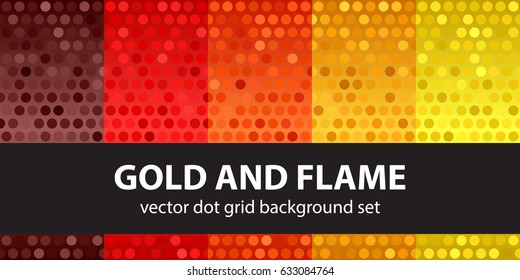Polka dot pattern set "Gold and Flame". Vector seamless geometric dot backgrounds