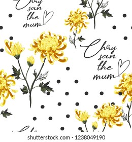 Polka dot pattern with yellow chrysanthemum. Vector seamless background. Elegant traditional decoration on white backdrop. Pastel colored hand drawn illustration.