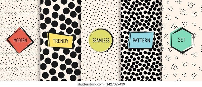 Polka dot patterns collection. Vector geometric seamless textures with chaotic circles, dots, spots. Set of black and white minimal abstract dotted background swatches with modern colorful labels