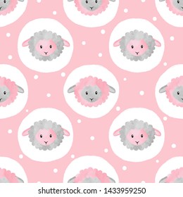 Polka dot pink pattern with cute sheep. Seamless baby print.