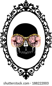 a polka dot pink skull wearing glasses and a black picture frame icon halloween been in prison. vector print pattern