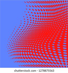 Polka dot pop art halftone pattern. Red dots on blue background. Modern bright festive vector illustration. Abstract curves. Points backdrop. Bright colors dotted spotted 