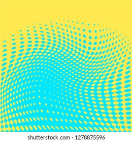 Polka dot pop art halftone pattern. Blue dots on yellow background. Modern bright festive vector illustration. Abstract curves. Points backdrop. Bright colors dotted spotted 