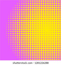 Polka dot pop art halftone pattern. Yellow dots on purple background. Modern bright festive vector illustration. Abstract curves. Points backdrop. Bright colors dotted spotted 