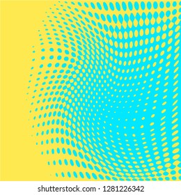 Polka dot pop art halftone pattern. Blue dots on yellow background. Modern bright festive vector illustration. Abstract curves. Points backdrop. Bright colors dotted spotted 
